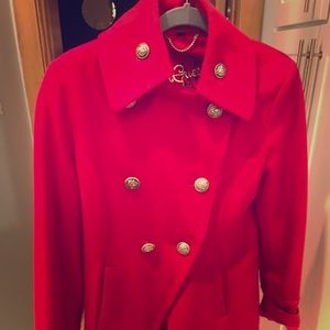 Red peacoat with gold buttons